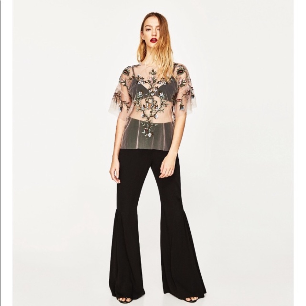 ZARA SHEER MESH FLORAL EMBROIDERED TULLE T-SHIRT